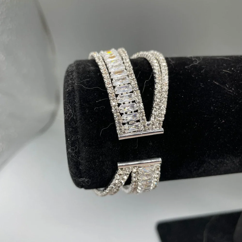 Silver Tone Multi Row Crystal Cuff Bracelet Baguette Round Rhinestone Statement